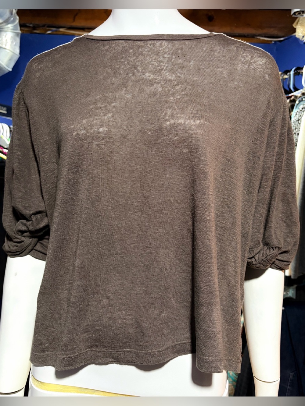 Velvet Women’s Round Neck Linen Cropped Dolman Sleeve Top Mocha Brown Size Small
